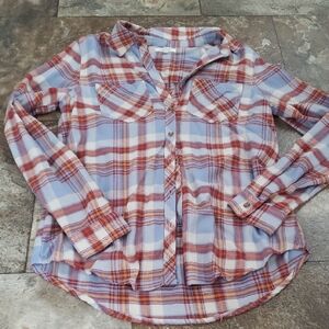 Maurices XS Plaid Blue Rust Button Down Shirt Flannel